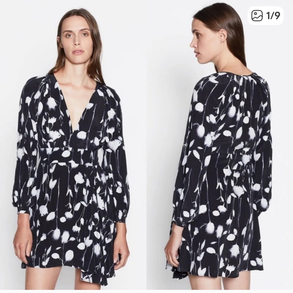 Equipment Alexandria black & white floral print long sleeve split neck dress. 2